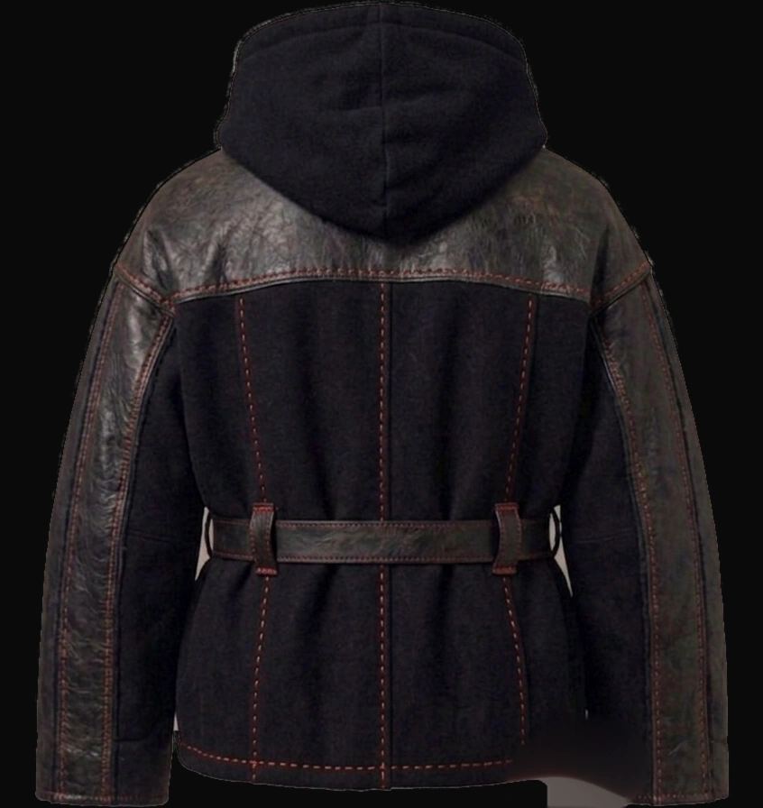 Concept render of the jacket from the back, four crimson panel seams full height