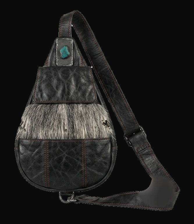 Concept render of a teardrop black leather sling bag with a grey fur panel and turquoise plate
