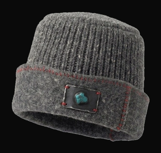 Concept render of a grey ribbed knit cap with a felted cuff and a turquoise-set steel plate