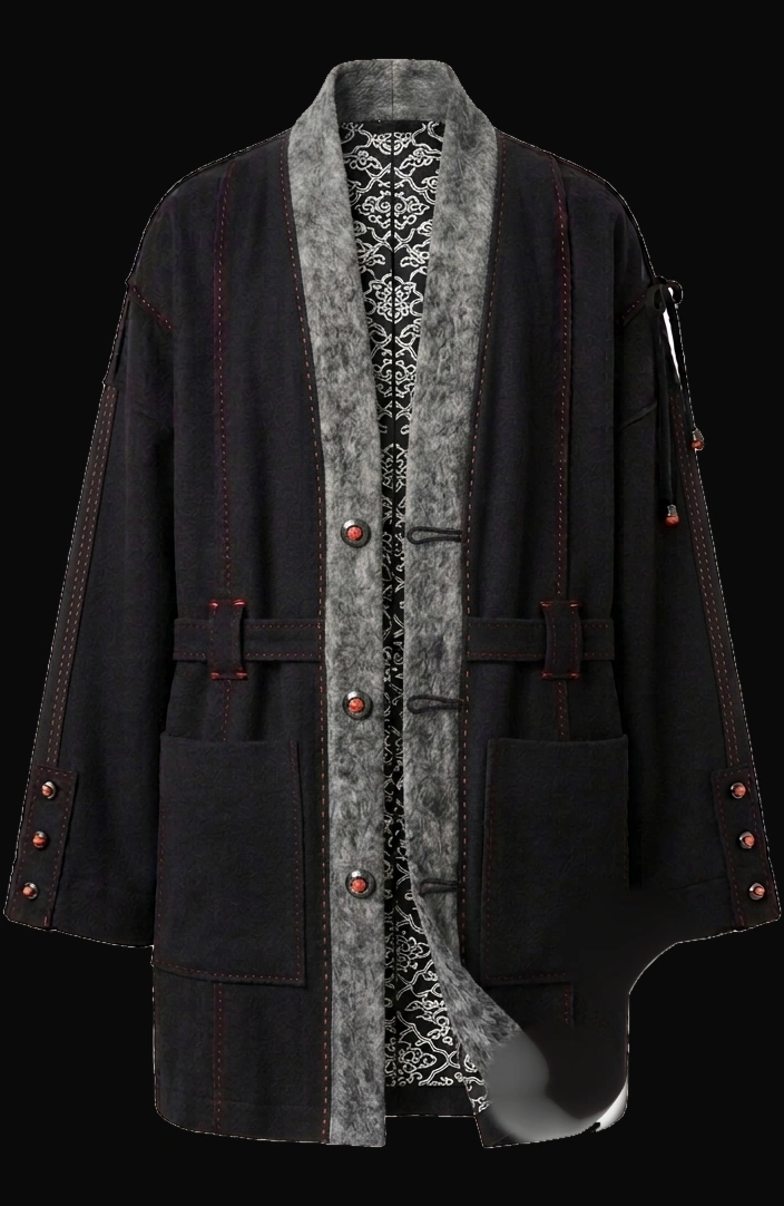 Concept render of a long black overshirt with shaggy grey wool bands framing the open front