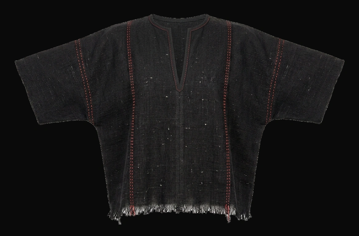 Concept render of an oversized boxy black handwoven tee with crimson hand-stitched seams