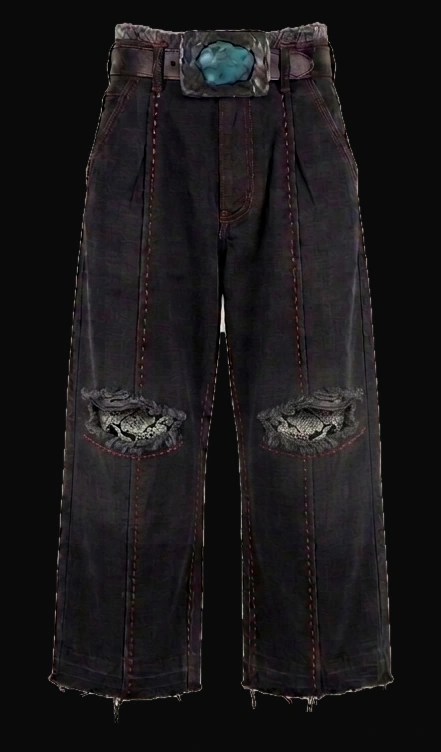 Concept render of very wide black trousers with crimson seams, torn knees and a raw frayed hem