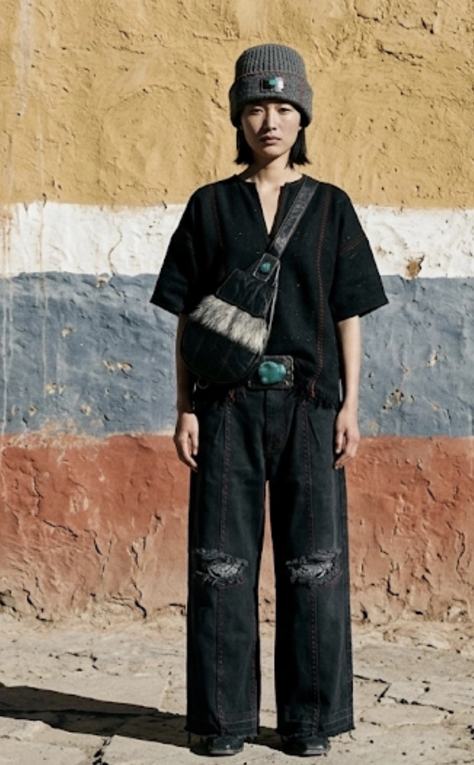 A model in the black tee with the leather sling bag worn across the body