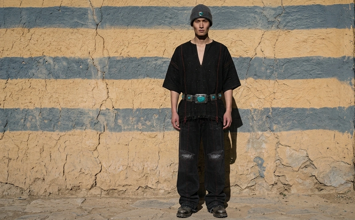 A model in the black tee with a heavy turquoise-set belt at the waist