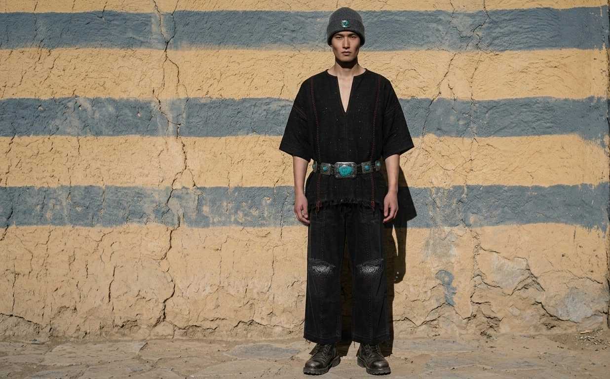 A model in the black tee and wide trousers with the turquoise-set belt
