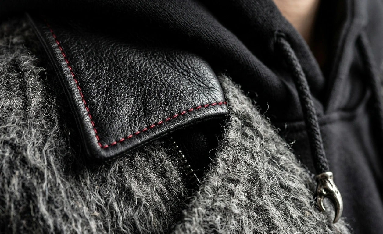 Macro detail of a black leather collar over shaggy grey wool with crimson running stitch