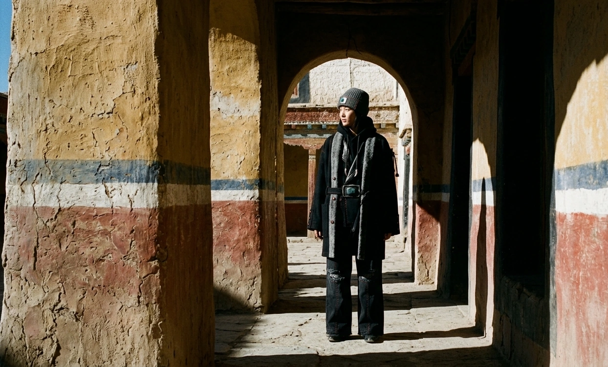 A figure standing motionless in a mud-brick monastery corridor, half in deep shadow