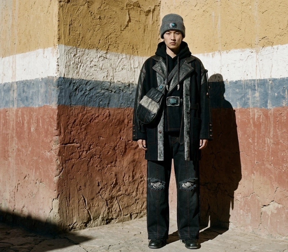 A model in the full layered look against a banded monastery wall