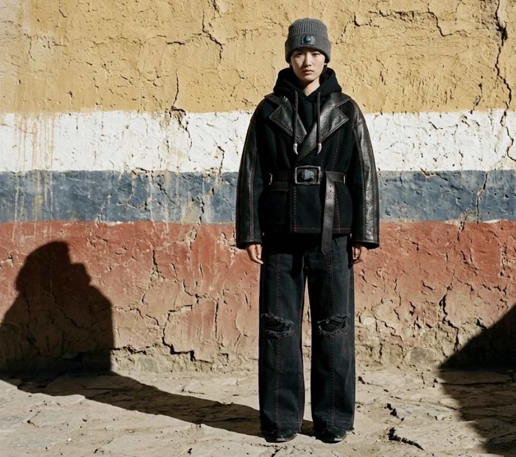 A model wearing the belted hooded jacket and wide trousers against a banded wall