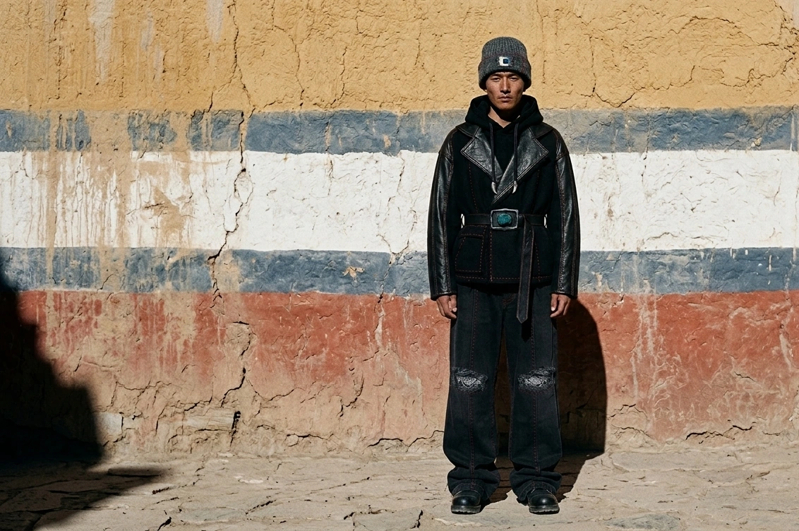A model wearing the belted hooded jacket with wide trousers in hard side light