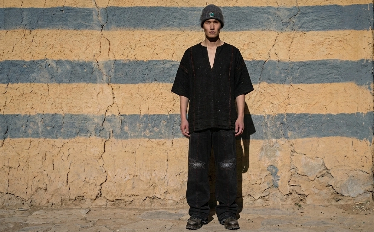 A model in the oversized black tee and wide trousers against ochre and slate stripes