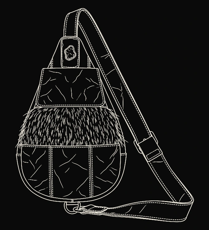 Technical line drawing of a teardrop sling bag with a full-length strap anchoring into a base ring