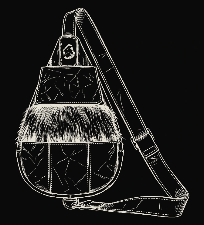 Line drawing of the teardrop sling bag showing a fur panel inset across the middle