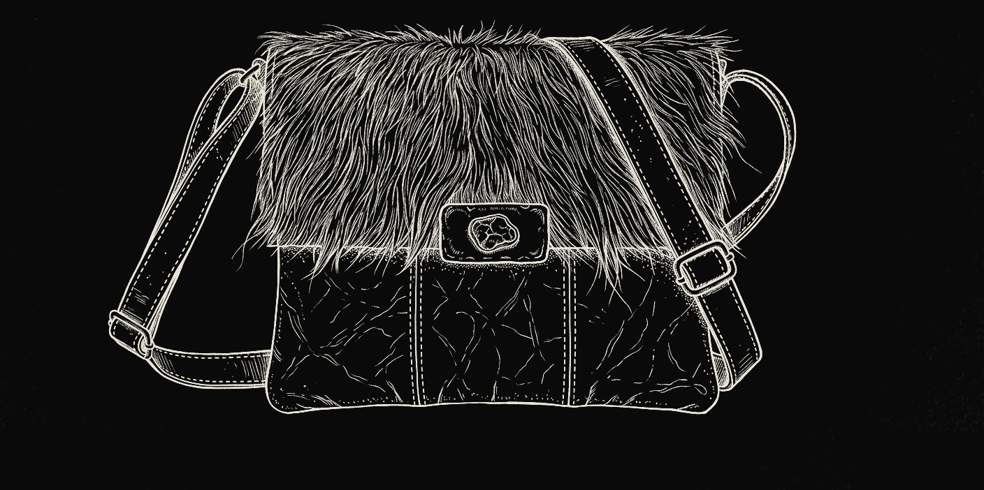 Drawing of a flap messenger bag with fur across the closure, an unused direction