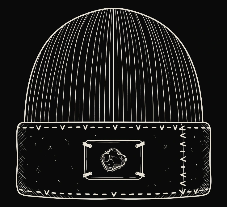 Technical line drawing of a ribbed beanie with a felted cuff and a stone-set plate at the front