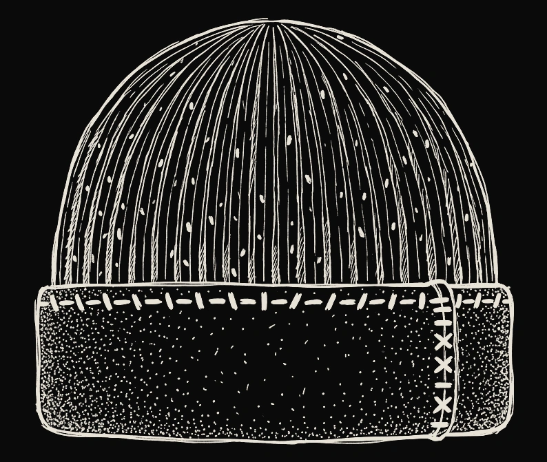 Ink drawing of a ribbed beanie with a deep felted cuff and hand stitching at the join