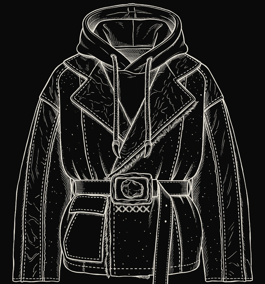 Development drawing of the resolved hooded jacket with a cast stone buckle, wrapped front and visible panel seams
