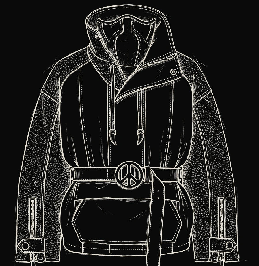 Early development sketch of a hooded belted biker jacket with a peace-sign buckle and a large waist pocket