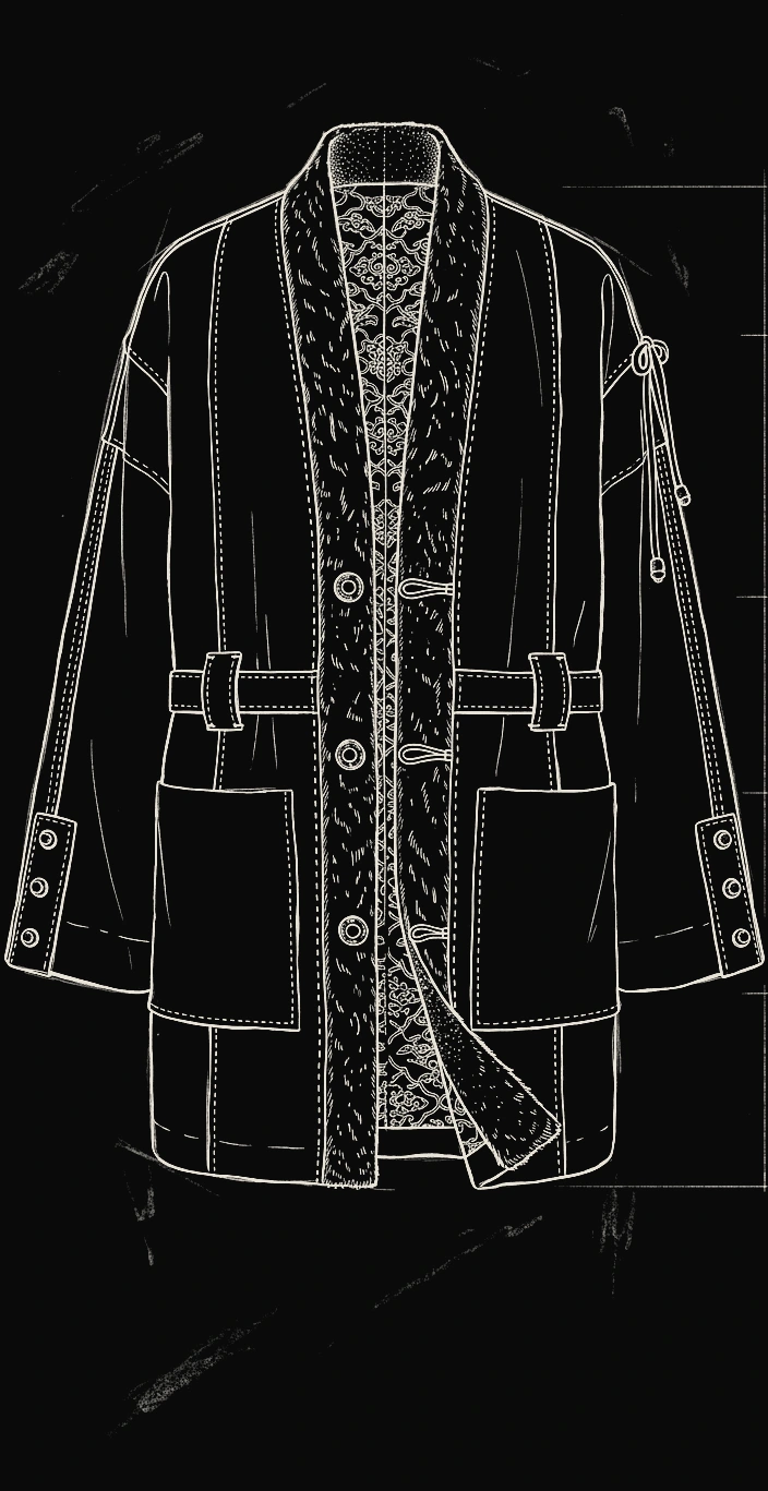 Line drawing of a long open overshirt with wide shawl bands and two patch pockets