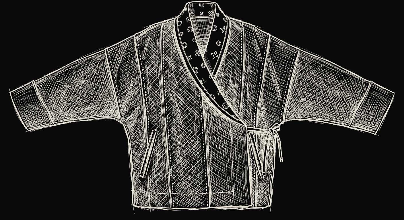 Pencil drawing of a wrapped overshirt with a tie closure and visible panel seams