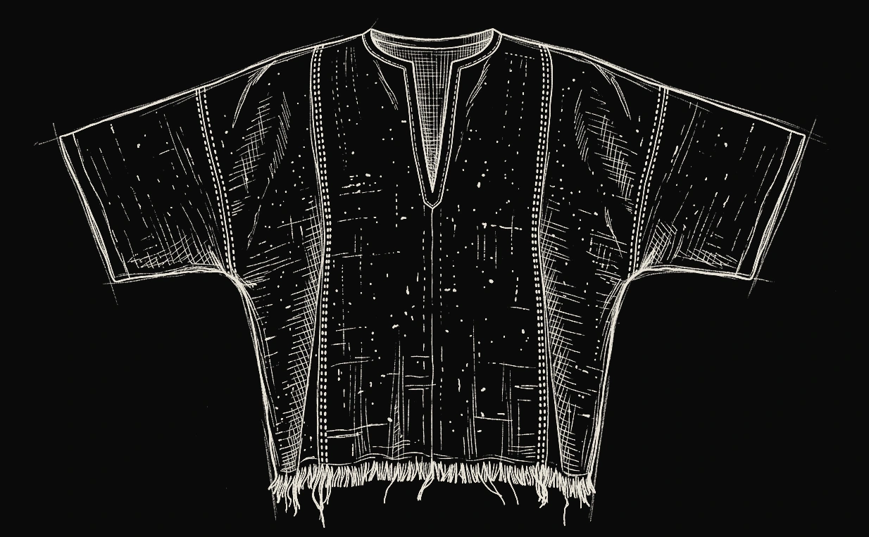 Pencil drawing of an oversized boxy tee with vertical seam lines and a heavily frayed hem
