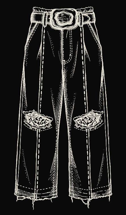 Ink drawing of wide pleated trousers with torn knees and a raw chopped hem
