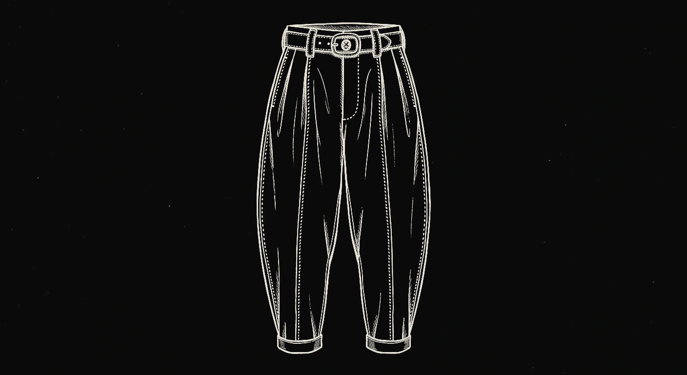 Line drawing of wide pleated trousers studying volume through the hip and thigh
