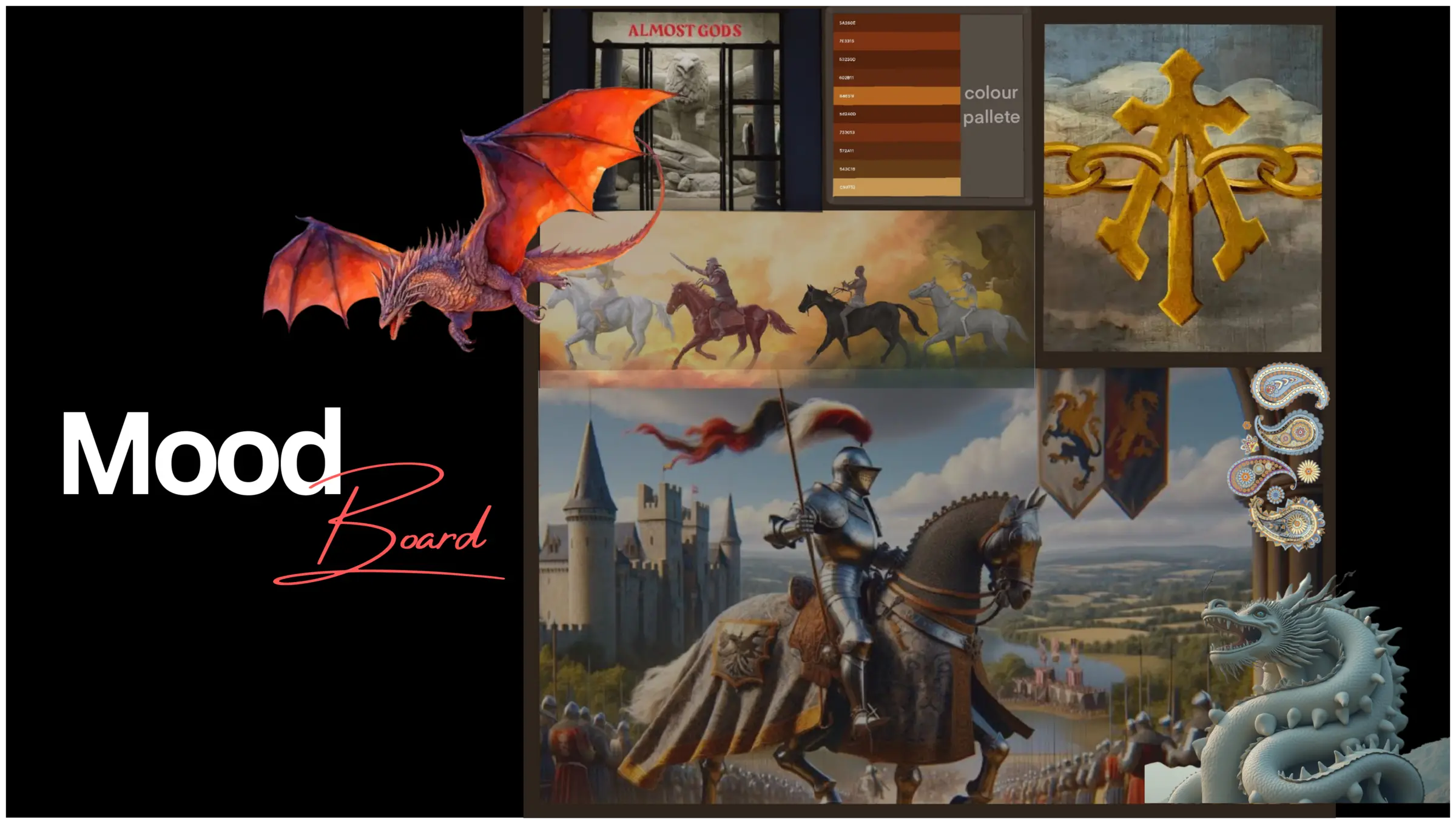 Working mood board: jouster, dragon, heraldry, colour ladder and mark studies